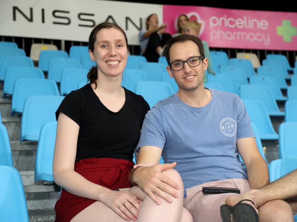 Super Netball game between Thunterbirds and Swifts at Cairns pop up stadium. Jorgia Brown and Jake Peno. PICTURE: STEWART McLEAN