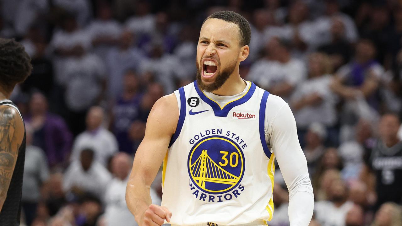 SACRAMENTO, CALIFORNIA - APRIL 30: Stephen Curry #30 of the Golden State Warriors celebrates during the third quarter in game seven of the Western Conference First Round Playoffs against the Sacramento Kings at Golden 1 Center on April 30, 2023 in Sacramento, California. NOTE TO USER: User expressly acknowledges and agrees that, by downloading and or using this photograph, User is consenting to the terms and conditions of the Getty Images License Agreement. Ezra Shaw/Getty Images/AFP (Photo by EZRA SHAW / GETTY IMAGES NORTH AMERICA / Getty Images via AFP)