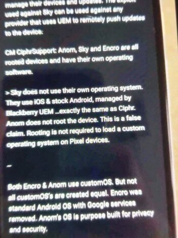 Photos of a phone describing how AN0M, Encro, Sky and Ciphr are created. Source: anomexposed.wordpress.com