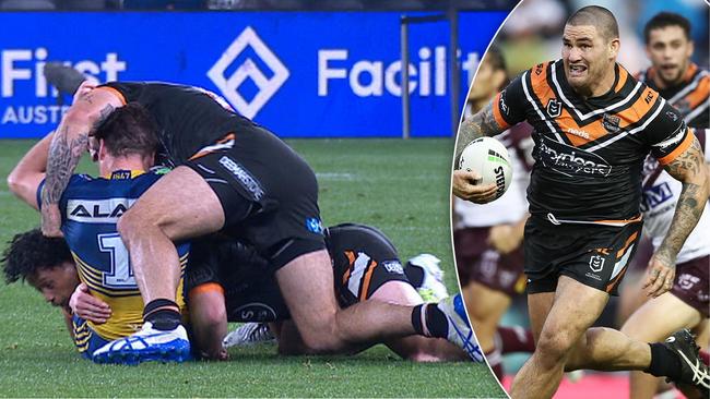 Wests Tigers forward Russell Packer's crusher tackle on Parramatta Eels fullback Clint Gutherson.