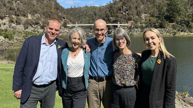 Rosalie Woodruff and Greens candidates on the final day of campaigning. Image: Tasmanian Greens.