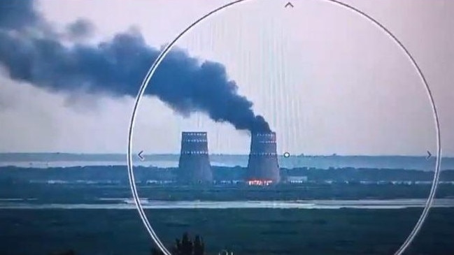 A cooling tower at the Zaporizhzhia nuclear plant in Ukraine, on fire after a drone attack. Picture: X/Twitter.