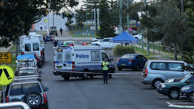 Police set up a crime scene at Mons Ave, Maroubra, after Mr Hofmann’s body was found in a car the previous night. Picture: John Fotiadis