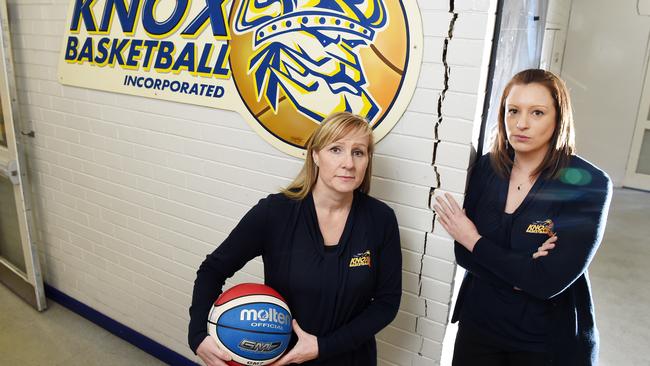 Knox Basketball Association’s Joan Tomkins and Toni Rennie show damage at the Knox Basketball Centre last year. Picture: Steve Tanner