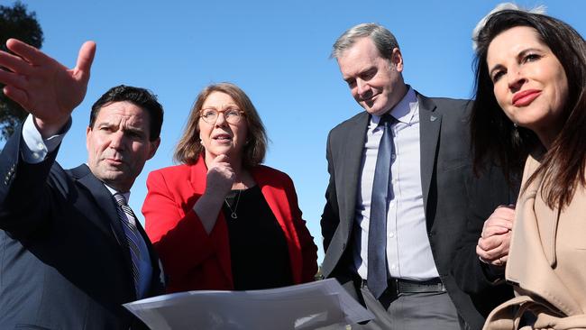 Ben Moloney project director with State Growth with Federal Minister for Infrastructure Catherine King, Tasmanian Minister for Infrastructure Michael Ferguson and Jane Howlett member for Prosser. Federal and state infrastructure ministers at Granton ahead of the start of the new Bridgewater Bridge. Picture: Nikki Davis-Jones