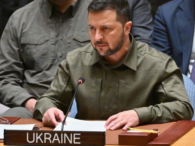 Ukrainian President Volodymyr Zelenskyy speaks during a high level Security Council meeting. Picture: AFP