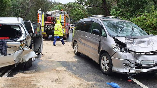 A three-car accident on Wakehurst Parkway, Narrabeen, last month which left three people, including a small child, in hospital. Federal funding could be spent to widen the road. Picture: Rural Fire Service (Ingleside)