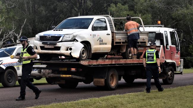 NT Police Major Crash Investigation Unit investigates a pedestrian crash in Bees Creek. A woman was critically injured and a man suffered minor injuries. Their two dogs were killed in the crash. Picture: Sierra Haigh