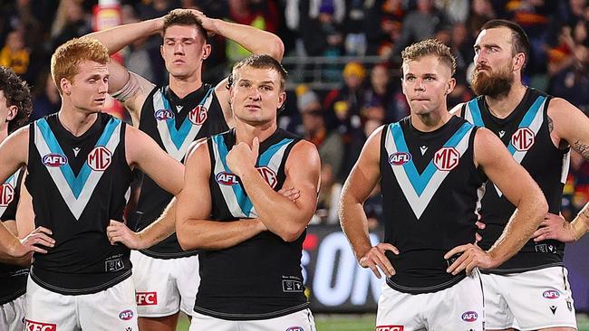 ADELAIDE, AUSTRALIA - MAY 02: Port Players after the loss during the 2024 AFL Round 08 match between the Adelaide Crows and the Port Adelaide Power at Adelaide Oval on May 02, 2024 in Adelaide, Australia. (Photo by Sarah Reed/AFL Photos via Getty Images)