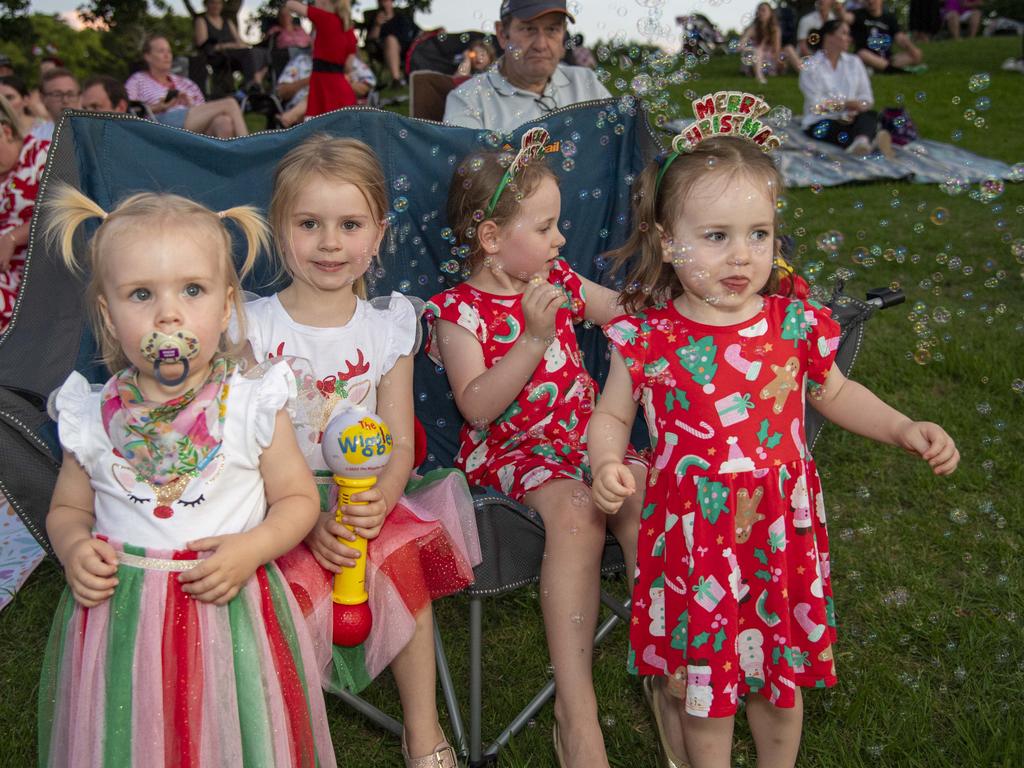 (from left) Rory McEwan, Amarni McEwan, Isla Robotham and Hallie Robotham. Triple M Mayoral Carols by Candlelight. Sunday 8th December, 2024. Picture: Nev Madsen.