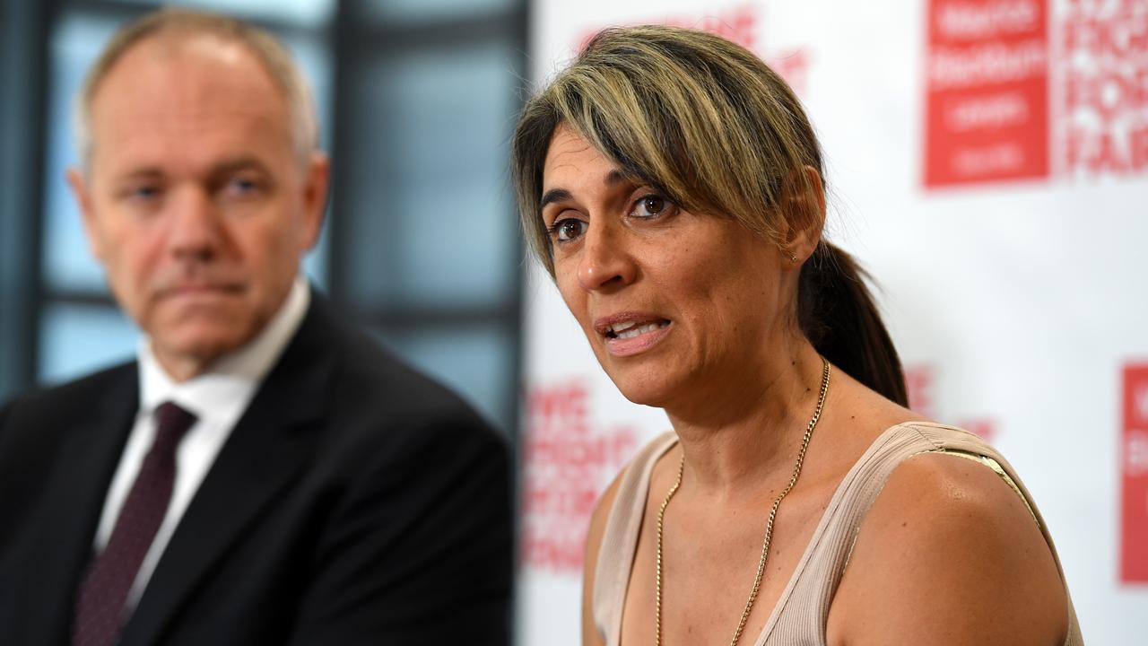 Westpac customer Michelle Tate addressing a media conference with Maurice Blackburn’s Ben Slade earlier this year after the law firm filed a class action alleging the bank breached its responsible lending obligations. Picture: Dan Peled/AAP