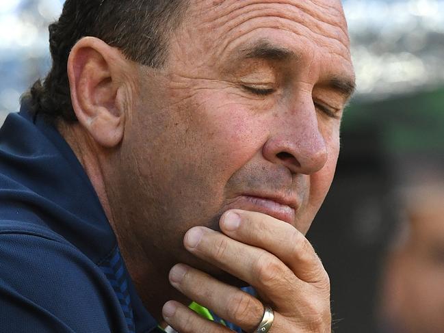 Raiders coach Ricky Stuart reacts during the Round 9 NRL match between the Sydney Roosters and the Canberra Raiders at Suncorp Stadium in Brisbane, Sunday, May 12, 2019.  (AAP Image/Dave Hunt) NO ARCHIVING, EDITORIAL USE ONLY