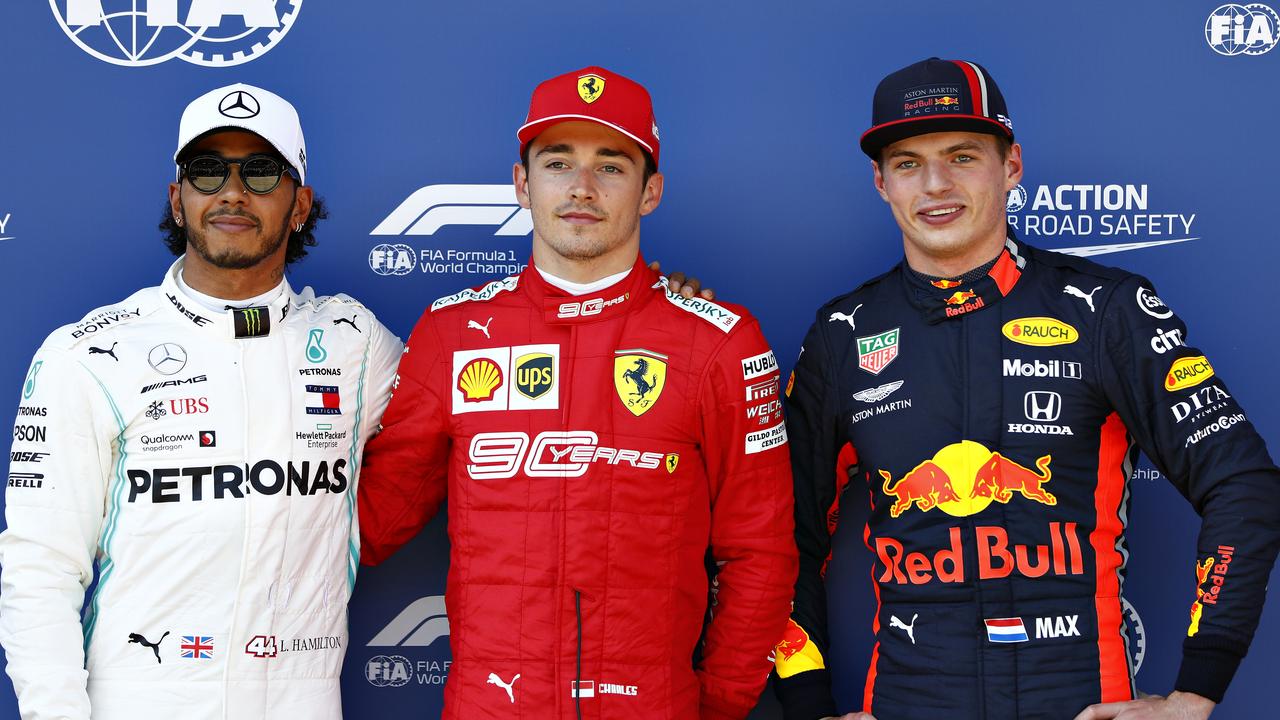 (L-R) Hamilton, Leclerc and Verstappen pose after qualifying in Austria.