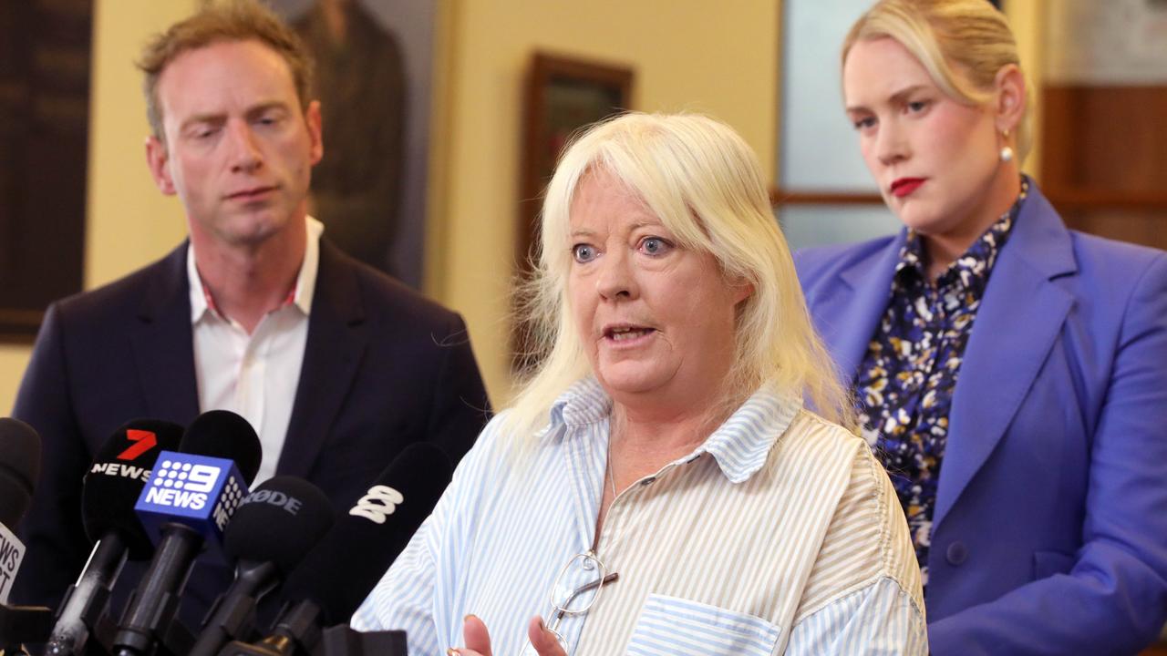 Michelle Hatt speaks at Parliament House, accompanied by David Speirs and Ashton Hurn. Picture: Dean Martin