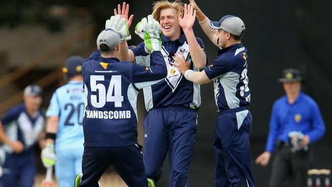 Will Sutherland celebrates a wicket for Victoria. Picture: Getty Images