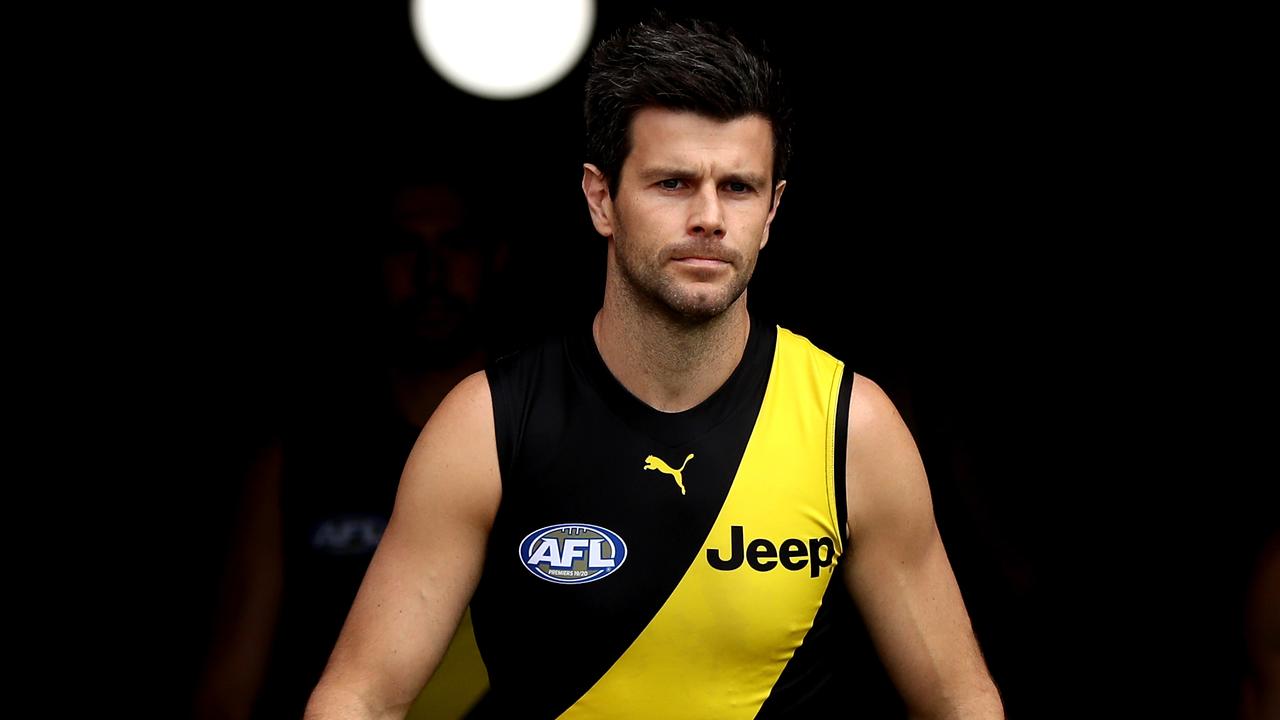 SYDNEY, AUSTRALIA - MAY 30: Trent Cotchin of the Tigers leads his team onto the field during the round 11 AFL match between the Richmond Tigers and the Adelaide Crows at GIANTS Stadium on May 30, 2021 in Sydney, Australia. (Photo by Brendon Thorne/Getty Images)