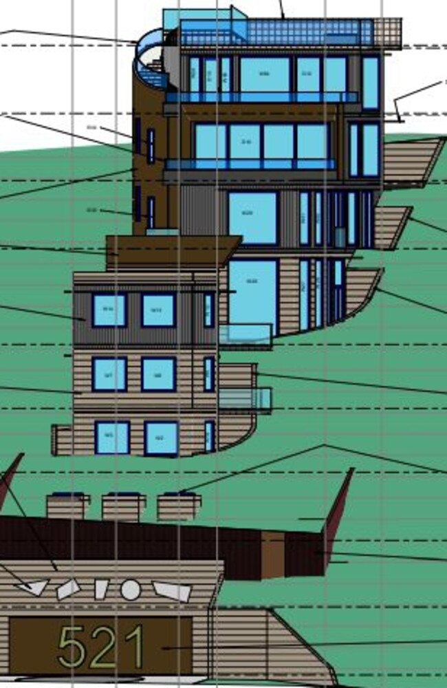 An artist's of a proposed multi-level home above the "Bilgola Bends" on Barrenjoey Rd, Bilgola Beach. The owner says only the garage will be visible from the road. Picture: Peter Downes Designs