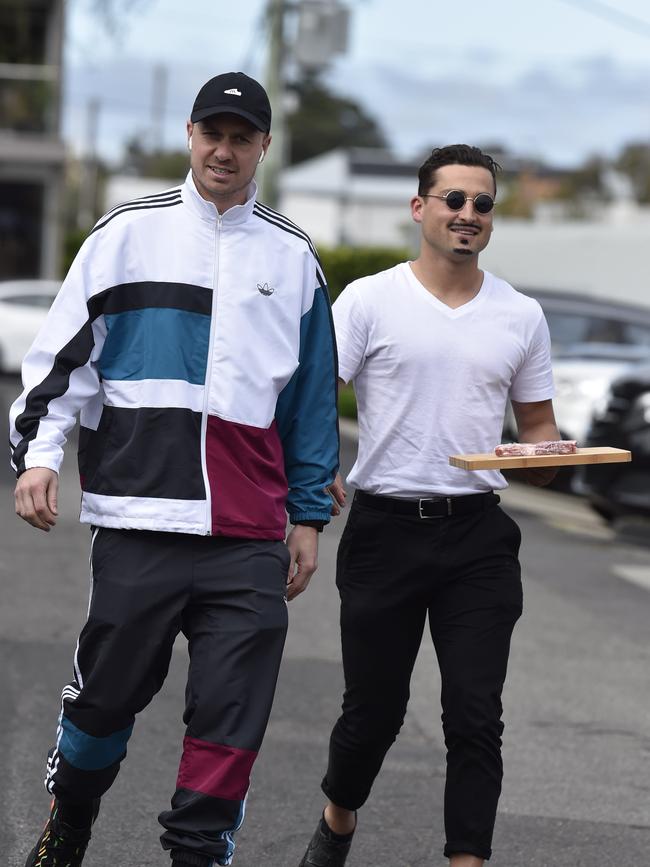 Mitch Duncan and Luke Dahlhaus arrive. Picture: Alan Barber