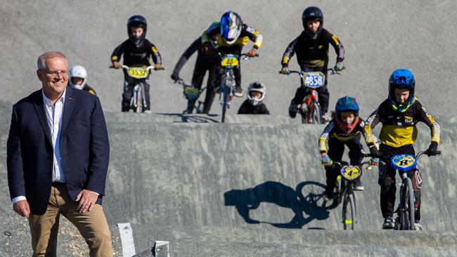 Campaign trail bikes: Prime Minister Scott Morrison visits Wanneroo BMX Club in the key WA electorate of Pearce on Monday. Picture: Jason Edwards