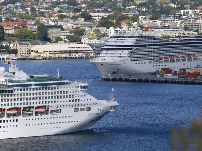 The Coronavirus (COVID - 19) has heavily disrupted the cruise ship industry.  Pictured is the MSC Magnifica (berthed) while the Sea Princess prepares to dock.  Passengers aboard the Magnifica are not allowed to disembark.Picture: MATT THOMPSON