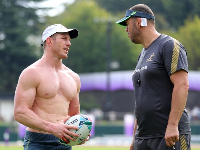 ODAWARA, JAPAN - SEPTEMBER 11: David Pocock of Australia talks with Michael Cheika, Head Coach of Australia during an Australian Wallabies training session at Odawara Stadium on September 11, 2019 in Odawara, Kanagawa, Japan. (Photo by Dan Mullan/Getty Images)