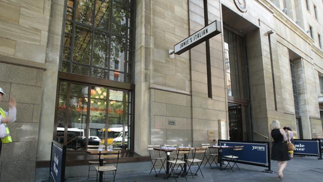 Outside of the former Jamie's Italian restaurant site at 2 King William St, where a sign still bears the celebrity chef’s name. Picture: Tait Schmaal.