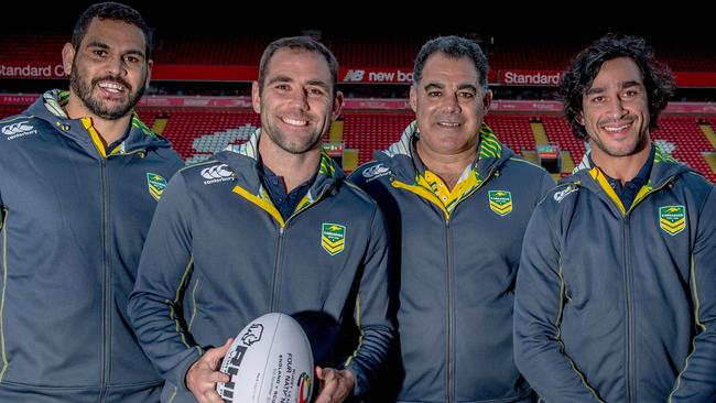 Image ©Licensed to i-Images Picture Agency. 24/10/2016. Liverpool, United Kingdom. Four Nations launch. L to R Australia's Greg Inglis, Cameron Smith, Mal Meninga, Johnathan Thurston, Matthew Scott, join players from the Four Nations Rugby League teams during a press conference at Liverpool FC, Anfield, Liverpool, before the tournament starts on Friday 28th October. Picture by Andrew Parsons / i-Images