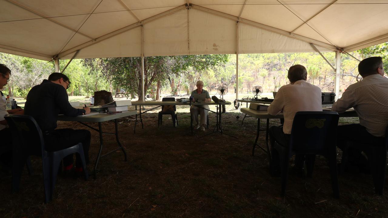 Territory Local Court chief Judge Elizabeth Morris with lawyers in Kakadu after the Director of National Parks pleaded guilty to breaching the NT Sacred Site Act at Gunlom Falls. Picture: Zizi Averill