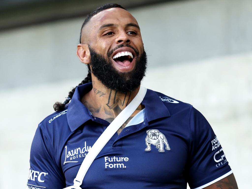 Josh Addo-Carr left round one with his arm in a sling after picking up an AC joint injury. Picture: Brendon Thorne/Getty Images