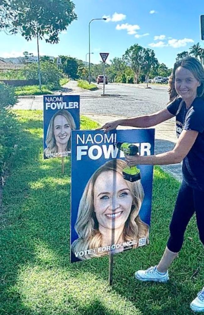 Naomi Fowler, Division 2 candidate in the 2024 Gold Coast City Council election, fixing her corflutes after vandals removed 100 signs.