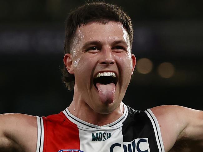 MELBOURNE, AUSTRALIA - August 19, 2023. AFL .   Rowan Marshall of the Saints celebrates a 4th quarter goal during the round 23 match between St Kilda and Geelong at Marvel Stadium in Melbourne, Australia.  Photo by Michael Klein.