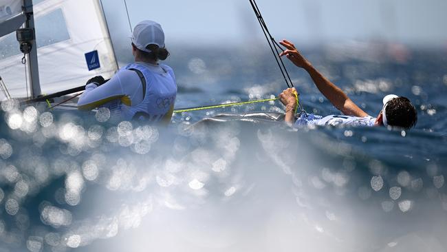 MARSEILLE, FRANCE - JULY 24: Nia Jerwood and Nicholas Conor of Team Australia practice during a Mixed Dinghy sailing training session ahead of the Paris 2024 Olympic Games at Marseille Marina on July 24, 2024 in Marseille, France. (Photo by Clive Mason/Getty Images)