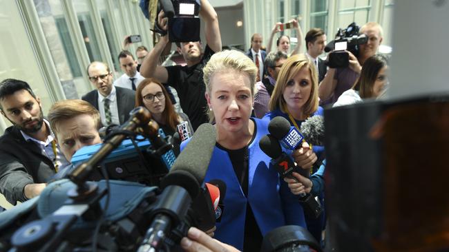 Nationals deputy leader Bridget McKenzie swamped by the media. Picture: AAP