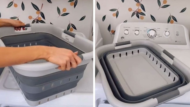 Laundry just got easier with this collapsible laundry basket. Picture: TikTok/@julianna_claire