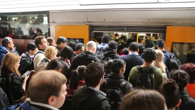 Crowded trains as people waited up to 20 minutes between trains. Picture: John Grainger