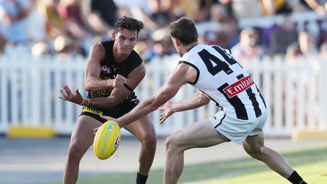 Daniel Rioli has a poor record against the Pies because of Brayden Maynard. Picture: Michael Klein