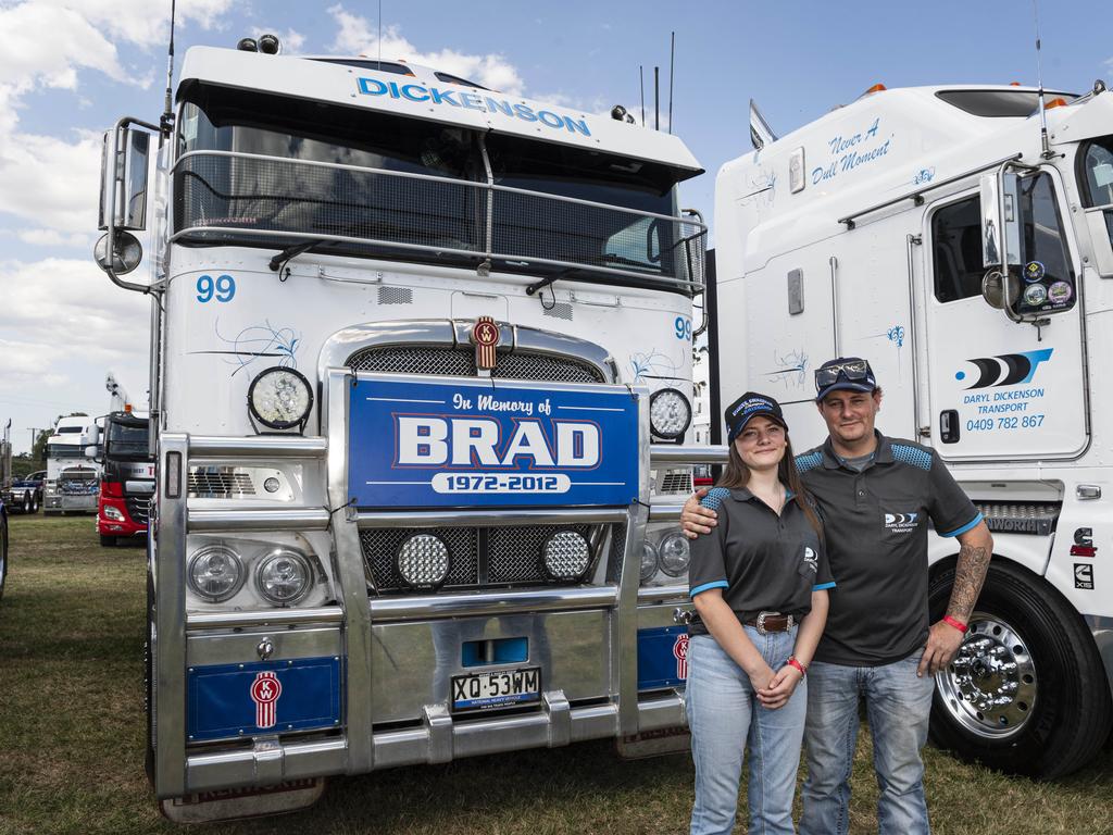 Plainland truck driver Kevin Healy with his daughter Tanisha Riseley at Lights on the Hill Trucking Memorial at Gatton Showgrounds, Saturday, October 5, 2024. Picture: Kevin Farmer