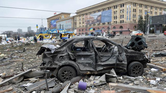 A view of the square outside the damaged local city hall of Kharkiv on March 1, destroyed as a result of Russian troop shelling. Picture: Sergey BOBOK/AFP