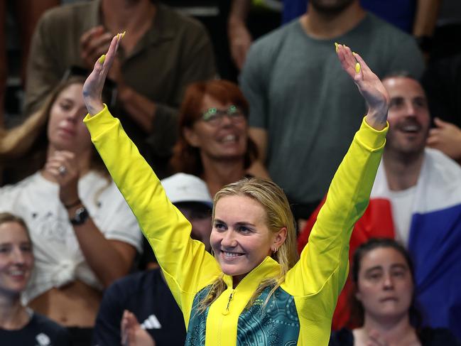 NCA. PARIS FRANCE 2024 OLYMPIC GAMES. August 3- Day 8 Ariarne Titmus wins silver with Paige Madden and Katie Ledecky during the Final of the Womens 4800m Freestyle at the Paris La Defense Arena Picture: Adam Head