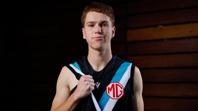 MELBOURNE, AUSTRALIA - NOVEMBER 21: Port Adelaide Power draftee Joe Berry poses for a photo during an AFL Draft Media Opportunity at Marvel Stadium on November 21, 2024 in Melbourne, Australia. (Photo by Dylan Burns/AFL Photos via Getty Images)