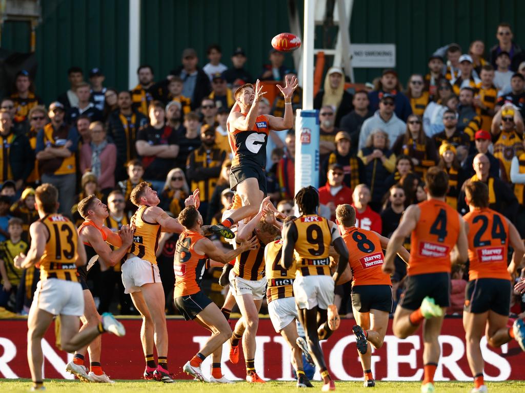 Harry Himmelberg soars above the pack for the Giants during Gather Round in 2023, which recorded more than 150,000 visitor nights alone. Picture: AFL Photos via Getty Images