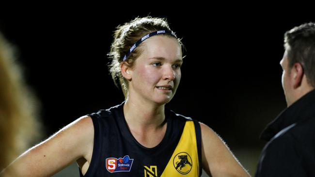 Glenelg's Lucy Bellinger during a halftime huddle this past SANFLW season. Picture: Deb Curtis (SANFL)