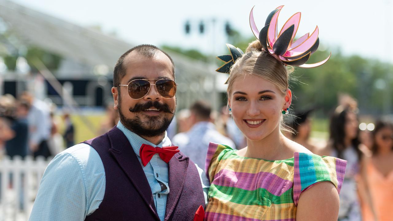 Fashions on the Field competitor Emily Kowalewycz wearing a custom made dress and hat by local designer Kevin de Beer (left). Picture: Che Chorley