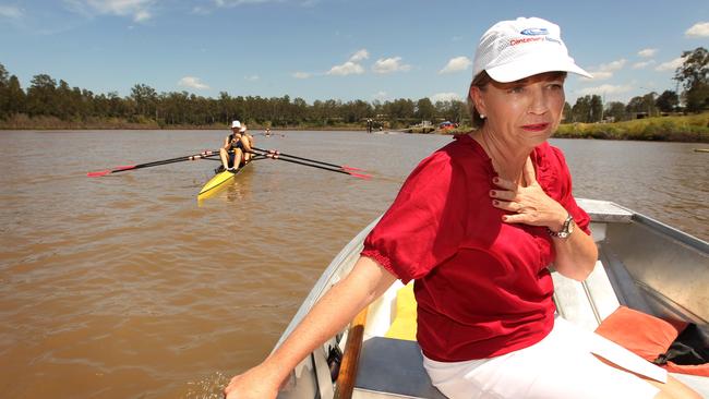 Then-premier Anna Bligh on the Brisbane river to watch young members of the Centenary Rowing Club on the first anniversary of the Brisbane floods, which wiped out the club’s sheds and flooded surrounding Riverhills.