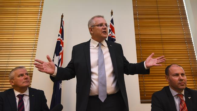 Scott Morrison addresses his first Coalition party room meeting as Prime Minister. Picture: AAP