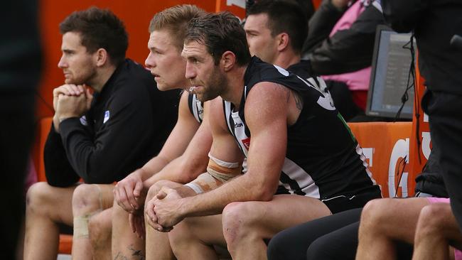 Travis Cloke finishes the match on the bench. Picture: Wayne Ludbey