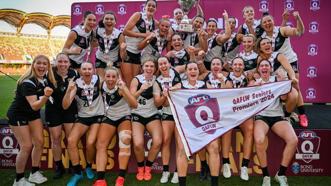 Southport Sharks win the 2024 Bond University QAFLW Seniors. Credit: Queensland AFL Media and Highflyer Images