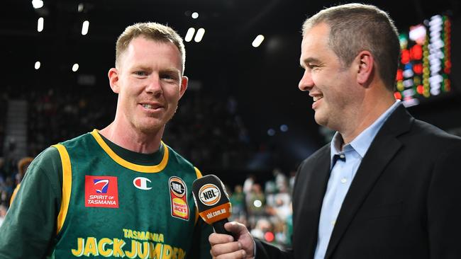 Jack Riewoldt interviewed at a Tasmanian Jackjumpers match.