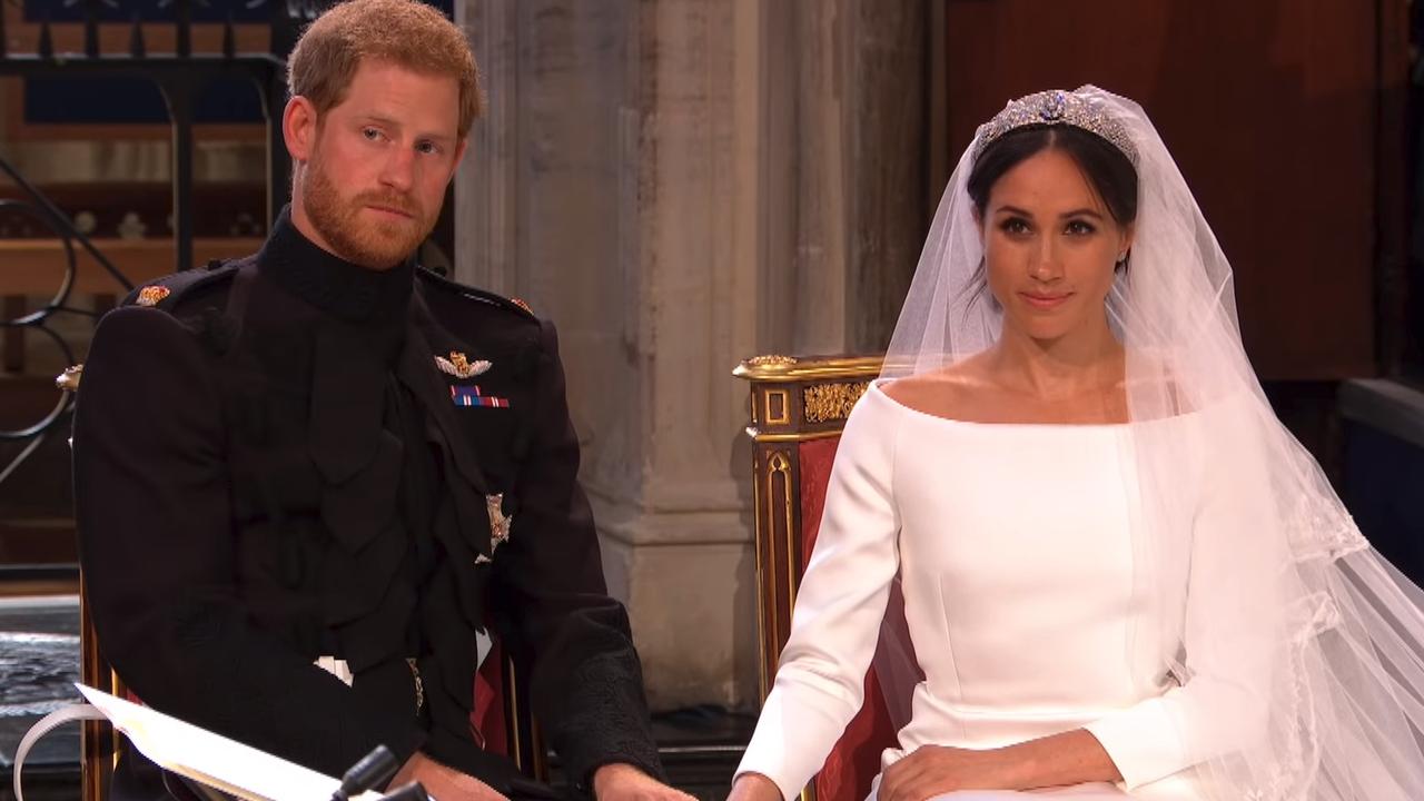 The royal couple during Bishop Michael Curry's sermon. Picture: BBC