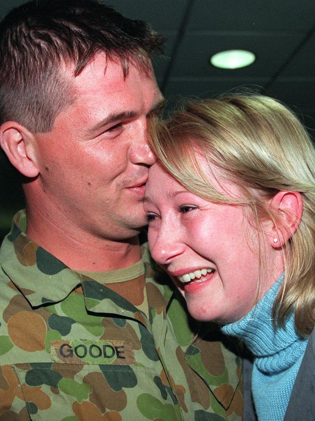 Soldier Marke Goode reunited with his wife Sarah on his return from East Timor in June 2000.